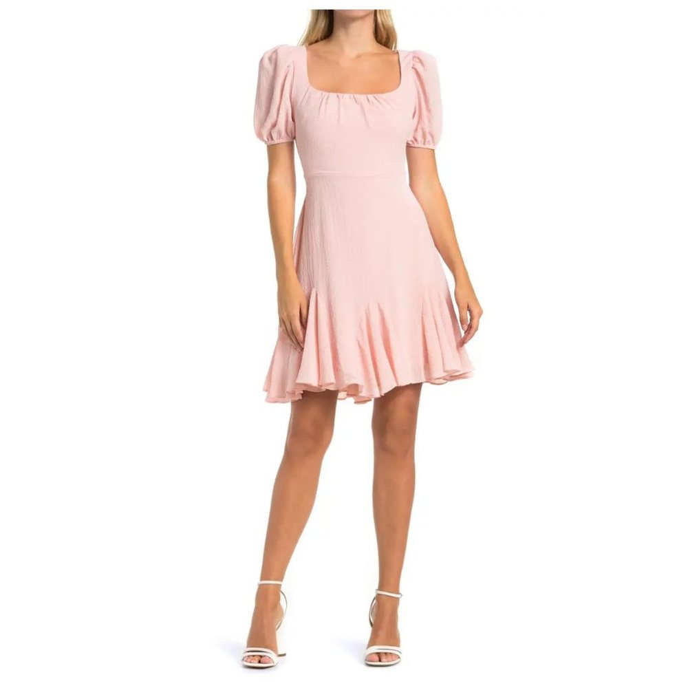 NWT ASTR The Label Pink Puff Sleeve Square Neck Tulip Hem Dress sz M